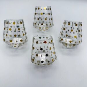Chic and Tonic Faceted Glass‎ Diamond Tumbler Set 4pc Gold Starburst Mid-Century